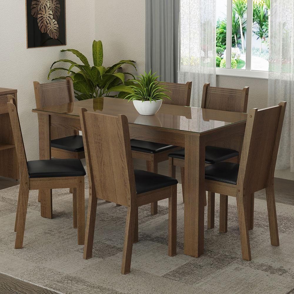 Conjunto Jantar Mesa Vidro 6 Cadeiras Rustic Preto