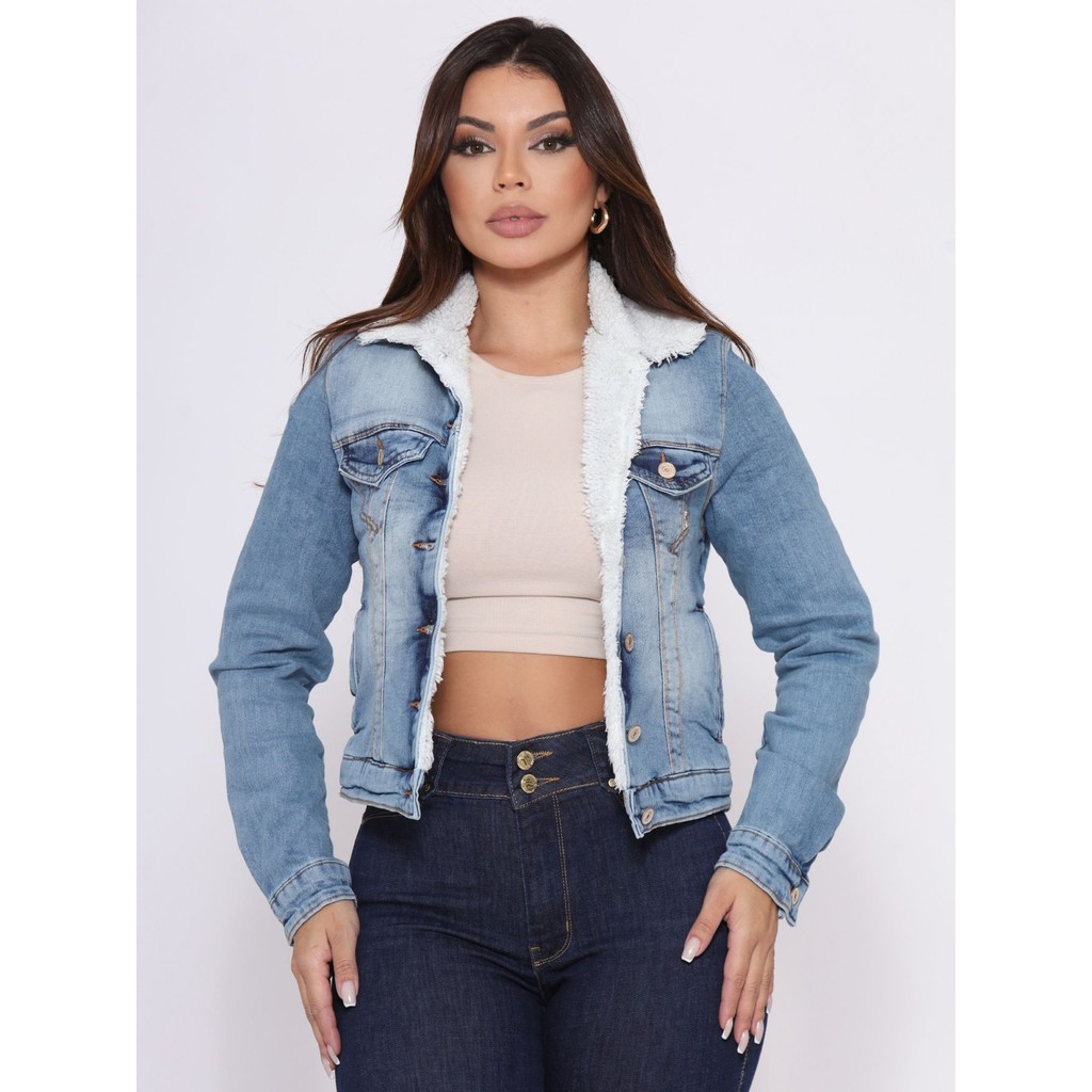 Jaqueta Jeans Feminina Clara Pelinho Forrada com Pelo
