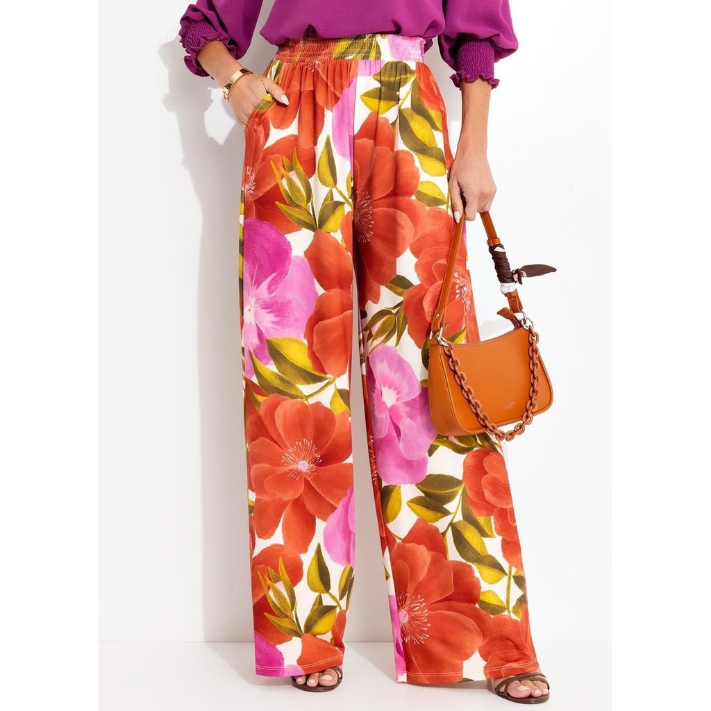 Calça Malha Fria Floral Maxi Colorido Quintess