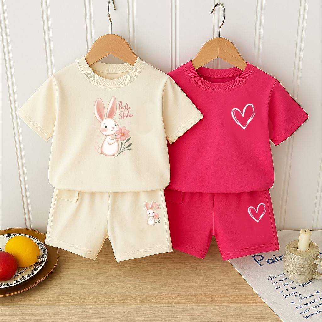 Kit Infantil 4 peças menina bebê short e camiseta bege coelhinha pink coração em Oferta na Shopee