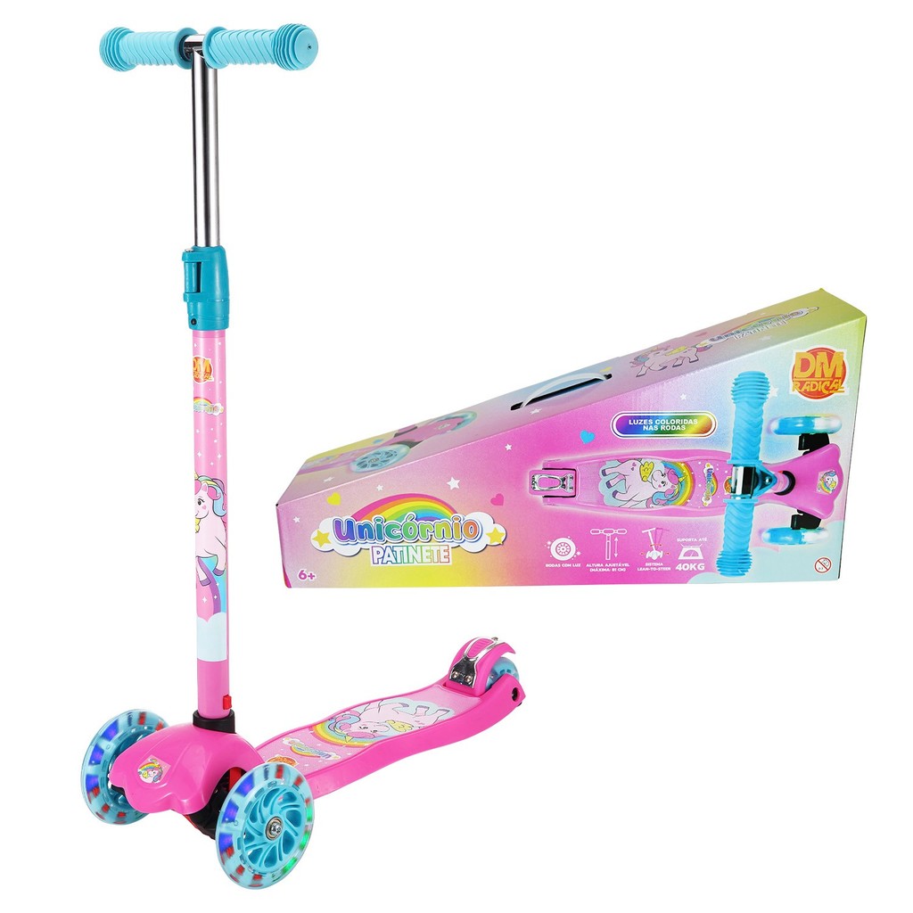 Patinete Infantil Com Guidão Ajustável Rodas Led Rosa Unicórnio Scooter Até 40 Kg

 Dm Toys