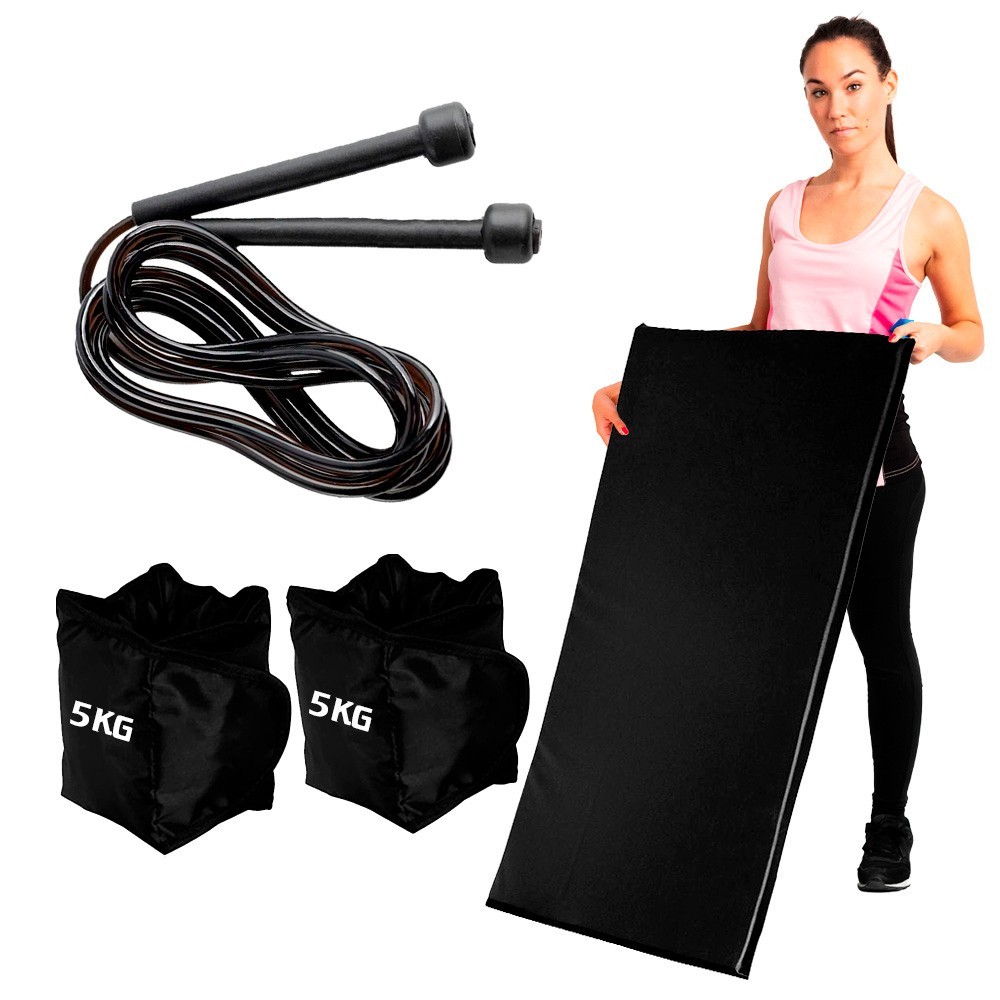 Kit Treino Casa Colchonete + Peso de Perna Tornozeleira + Corda Pular PVC Funcional Academia
