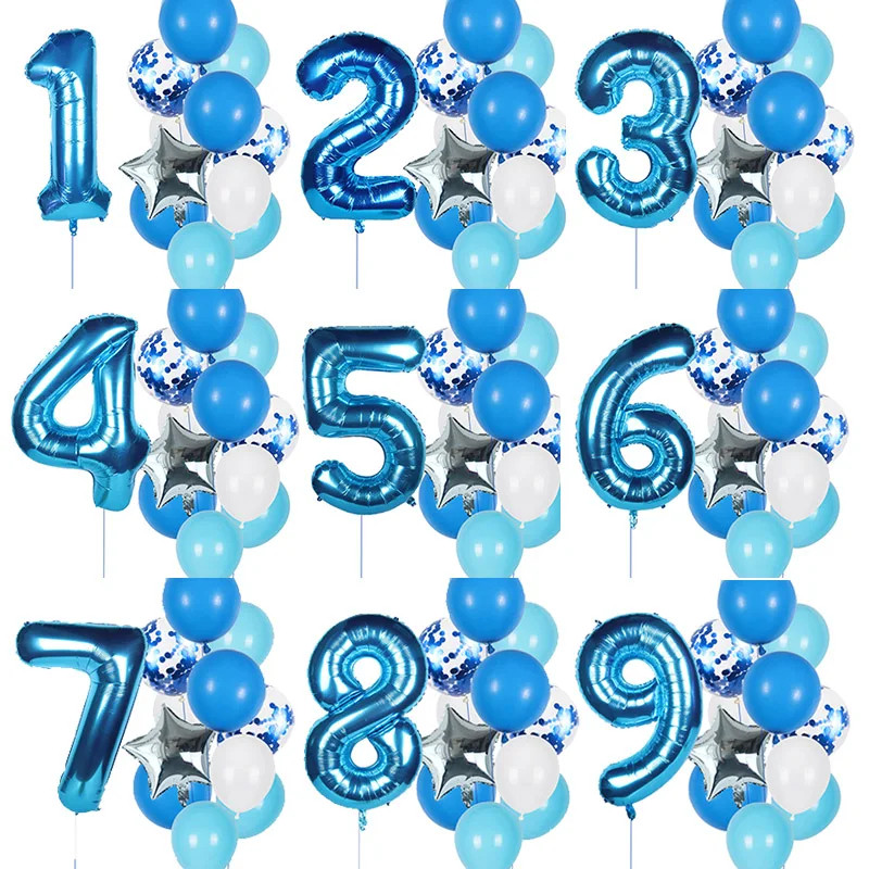 Kit 12 Balão Metalizado Estrela Bexiga Número Grande Azul Decoração Festa Aniversário Enfeite