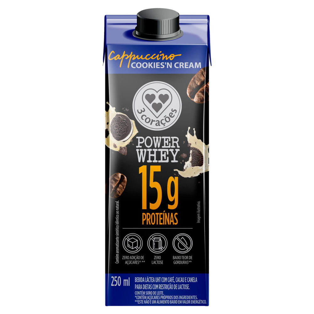 Bebida Láctea 3 Corações Power Whey com 15g de Proteína Cappuccino Cookies'n Cream 250ml - Health