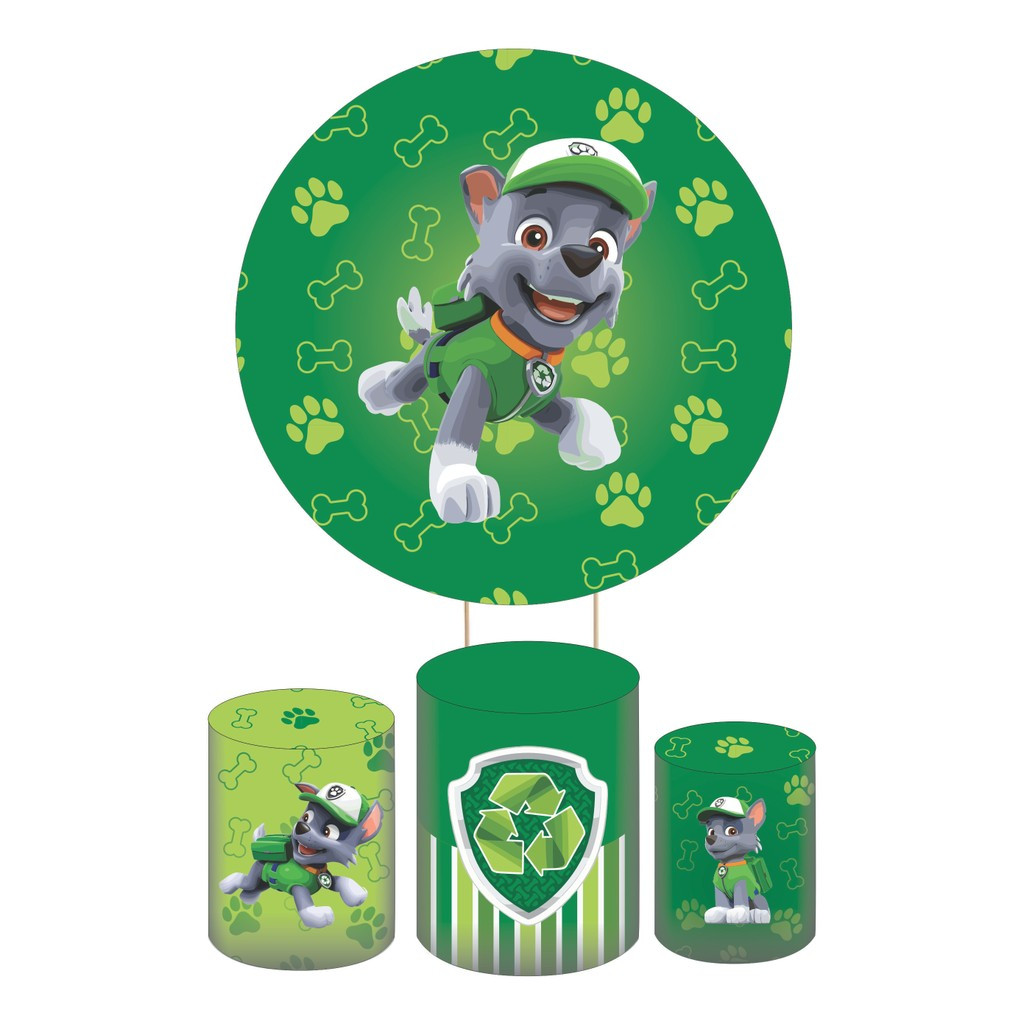 Kit Festa Rocky Patrulha Canina – Decoração com Painel Redondo + Cilindros | Tecido Premium | Frete Grátis | Infantil
