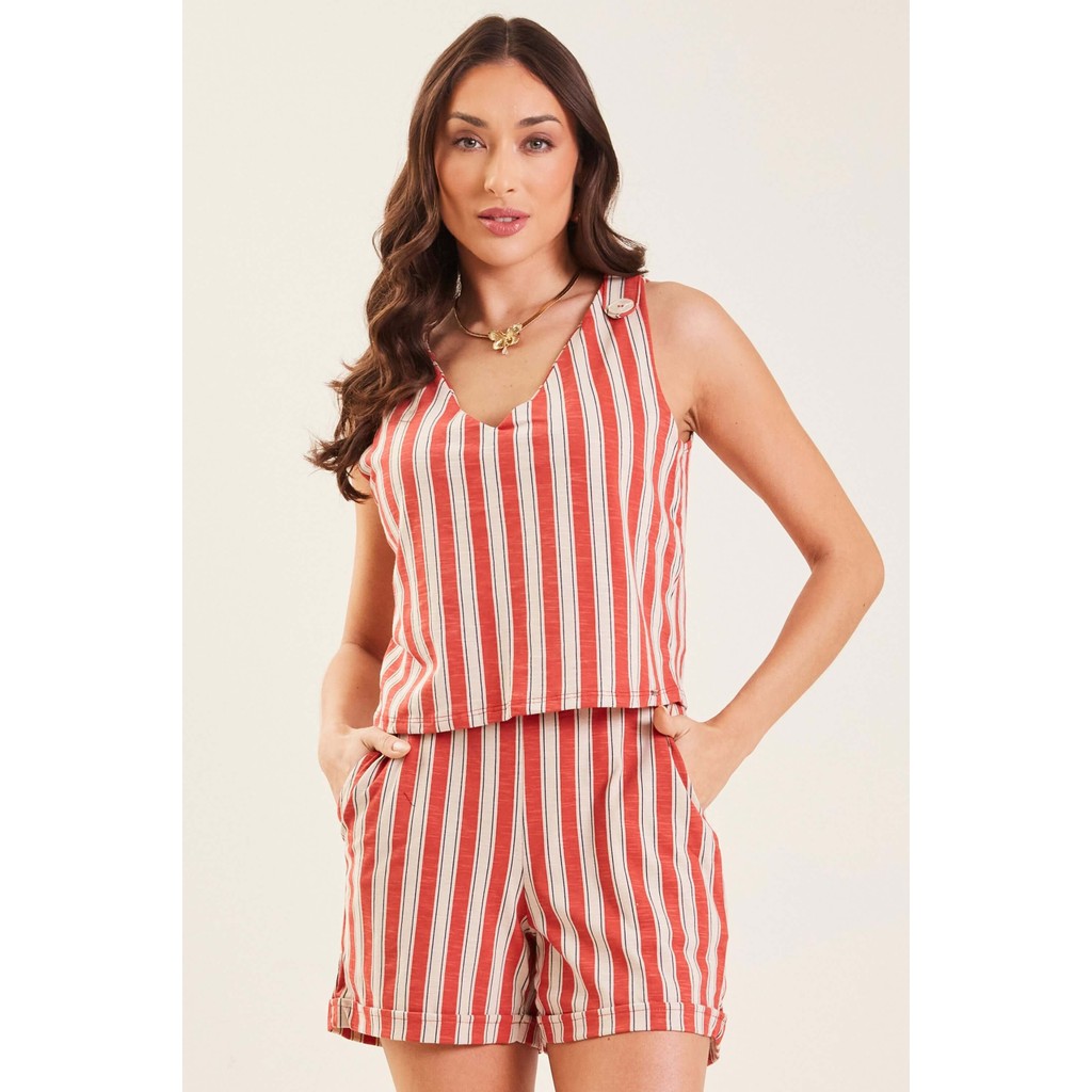 Shorts Feminino Listrado Marialícia Vermelho - Women Clothes
