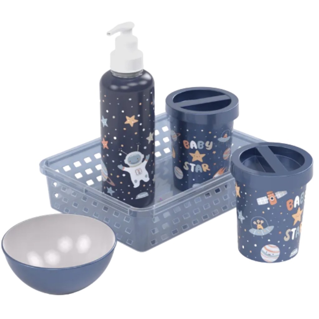 Kit Higiene Bebê 5 Peças com Bandeja Tema Astronauta Azul Plasútil