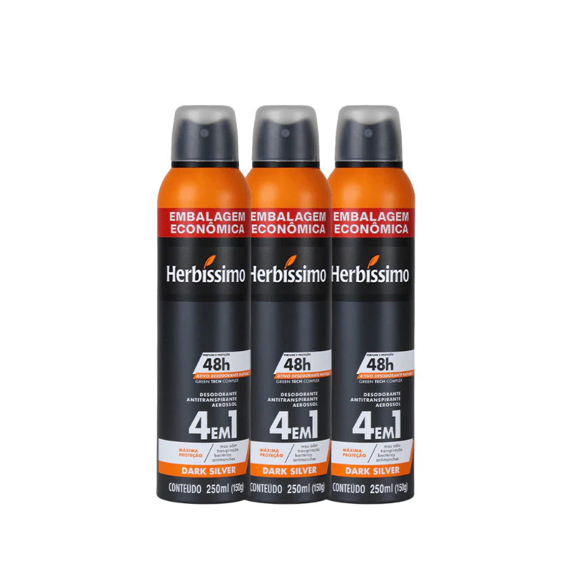 Kit Desodorante Antitranspirante Aerossol Herbíssimo Dark Silver 250ml Embalagem Econômica (3 unidades)