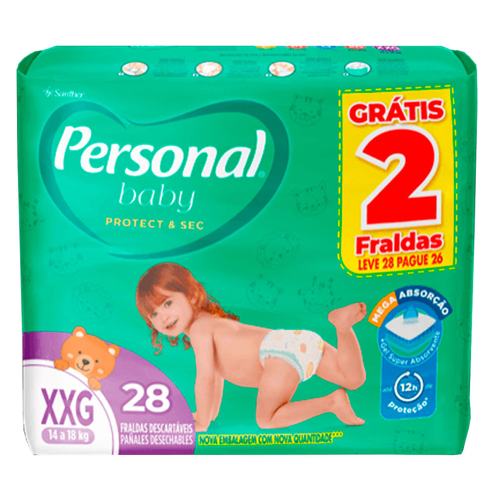 Fralda Personal Soft e Protect Mega XXG 28 Unidades Grátis 2 Tiras - Mom & Baby