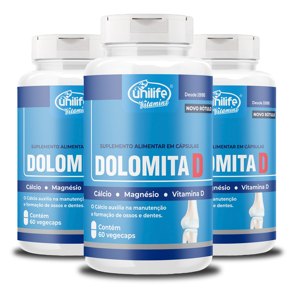 Kit 3 Dolomita com Vitamina D 60 cápsulas Unilife