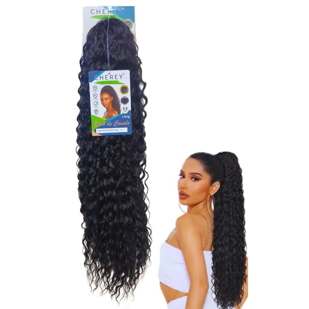 Aplique Coque Rabo De Cavalo Cacheado Cecilia Curly 80cm Fibras Orgânicas 220gramas Na Tela Base
