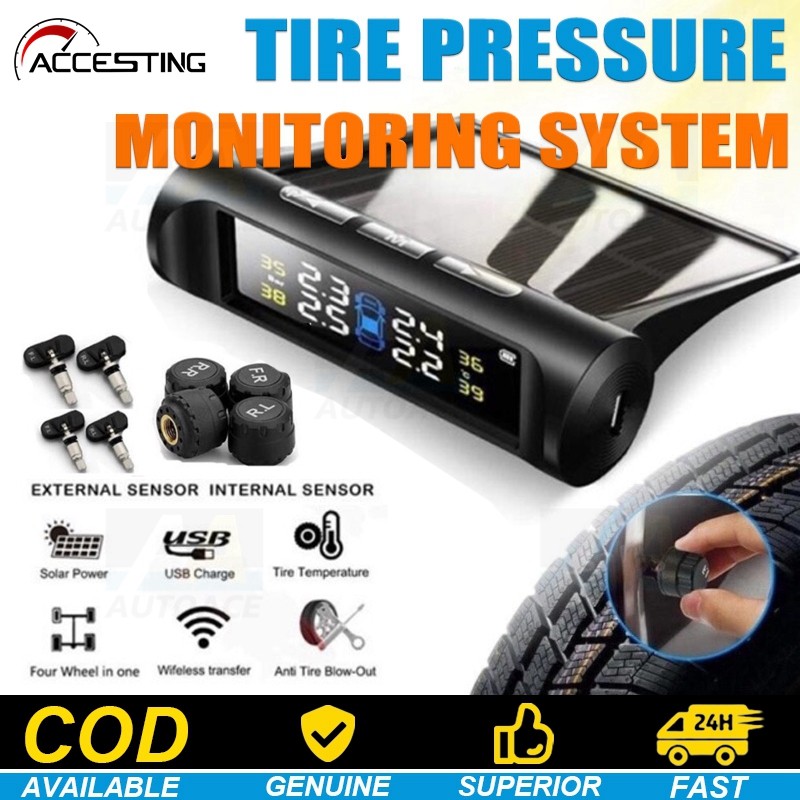 Sistema De Monitoramento De Alarme De Pressão De Pneus TPMS Solar Sem Fio Com 4 Sensores Externos Display LCD Aviso De T