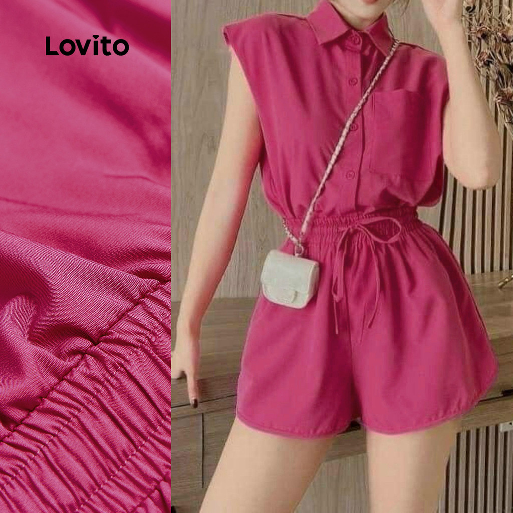 (New) Lovito Macacão Elegante com Bolsos Pregueado Primavera/verão Macacão Vermelho Rosado para Mulheres L150ED008 em Oferta na Shopee