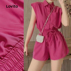 (Casual) Lovito Macacão com Bolsos Pregueado Primavera/verão Macacão Vermelho Rosado para Mulheres L150ED008