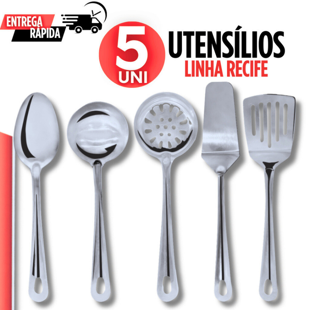 Jogo 5 Utensílios Aço Inox Para Servir Colher Concha Escumadeira Espátula e Bolo Espátula Vazada