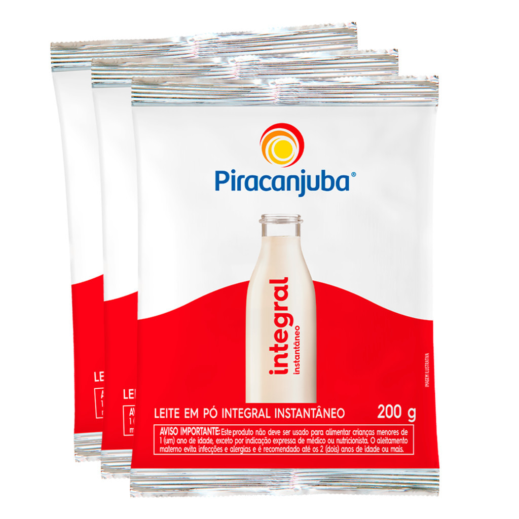 Pack 3 unidades Leite em Pó Integral Instantâneo Piracanjuba 200g - Kit com 3x200g
