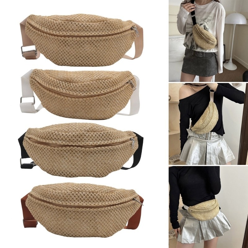 Bolsa De Cintura De Palha Tecida Casual De Praia MIS Com Pochete Zíper Para Chave De Carteira De Telefone