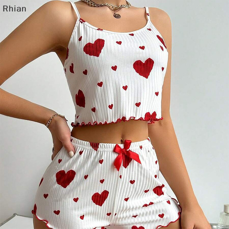 [Conjunto De Pijamas Moda E Sexy Home Casual Love Bow Vest + Shorts Para Mulheres COD