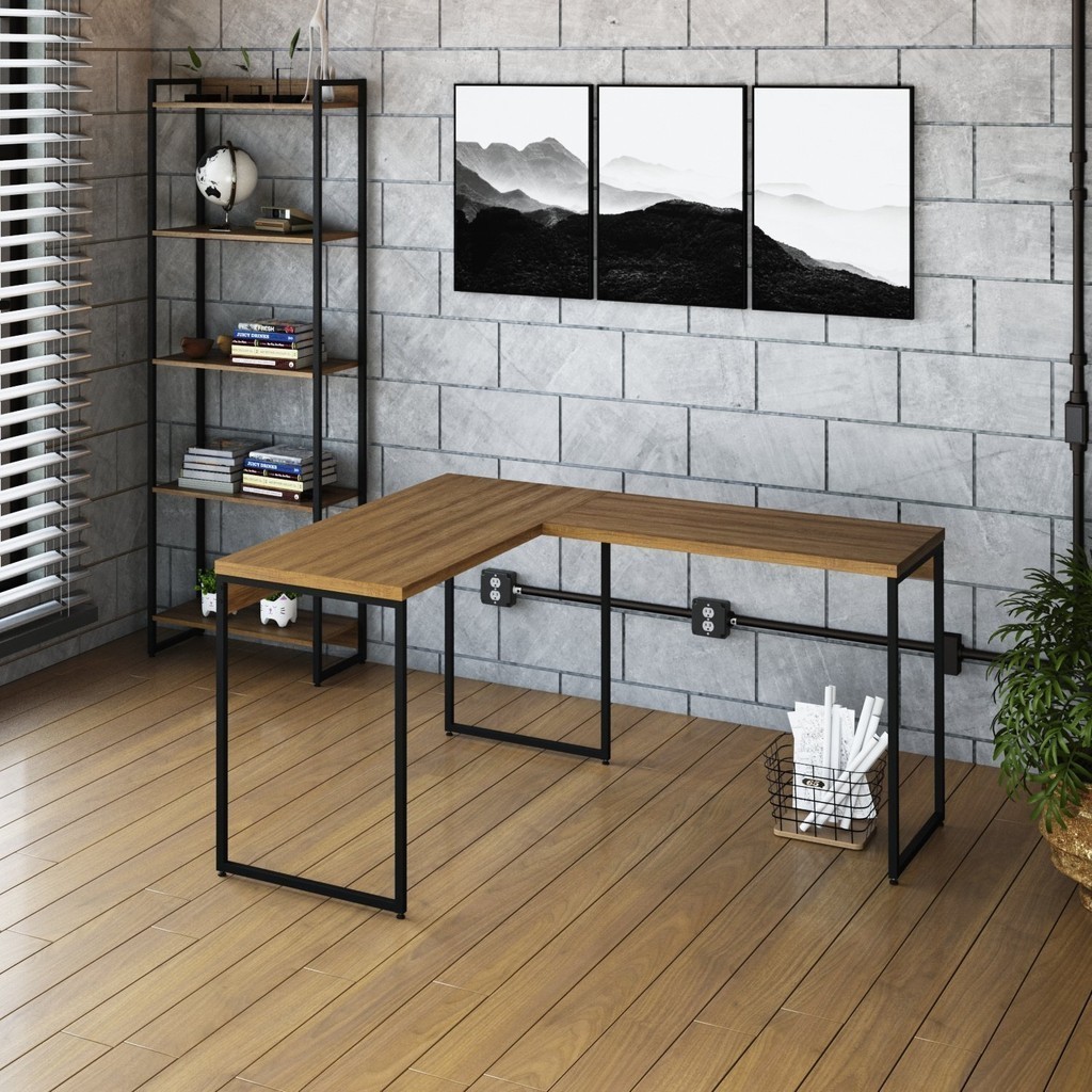 Escrivaninha Mesa Escritório L Estilo Industrial 120x140cm Dynamica Yescasa Lamina Mel / Preto em Oferta na Shopee