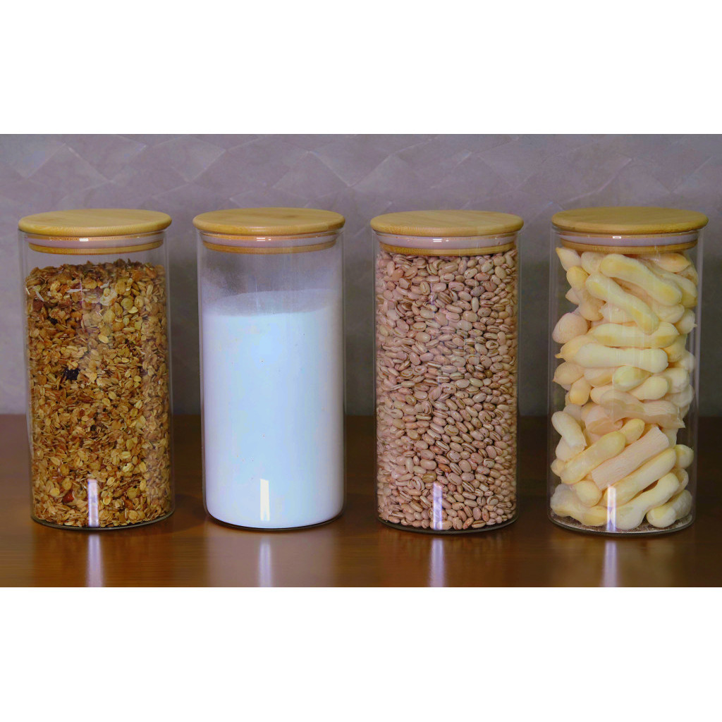Kit 4 potes de vidro 1,3L tampa de bambu herméticos redondos armazenamento