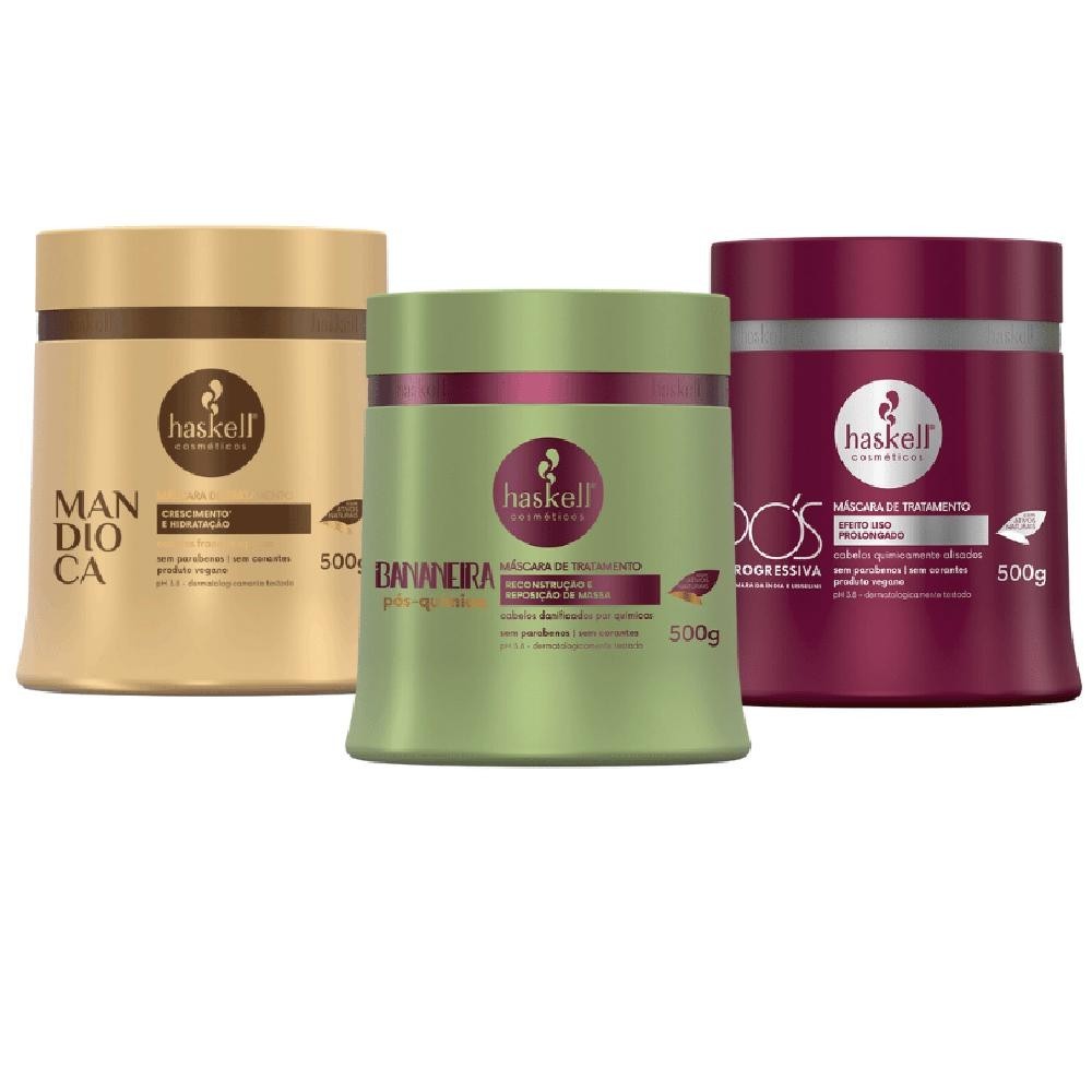 Kit Máscaras Mandioca + Bananeira + Pós Progressiva Haskell - 500g /  Cabelos Quimicamente Tratados