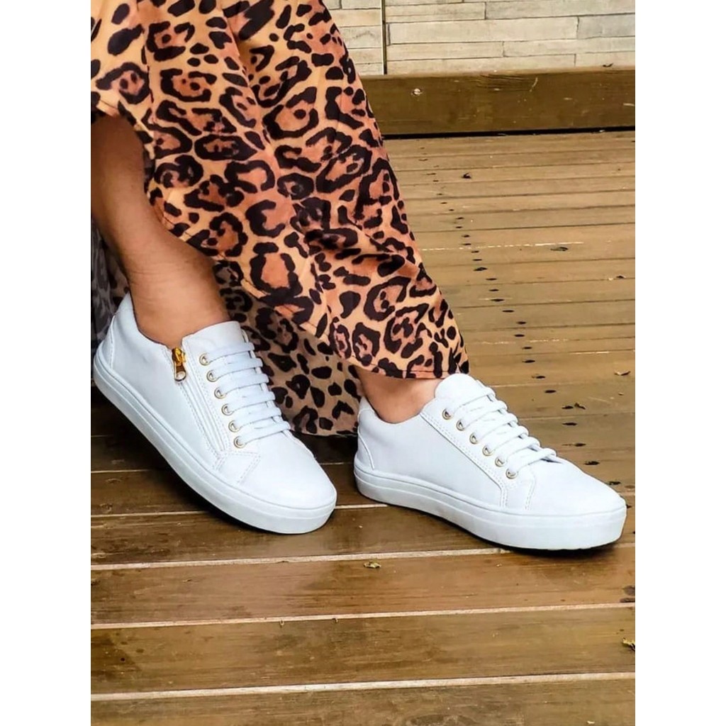 Tênis branco feminino com zíper e elástico calce fácil tênis sapetenis casual feminino Original delicado e leve