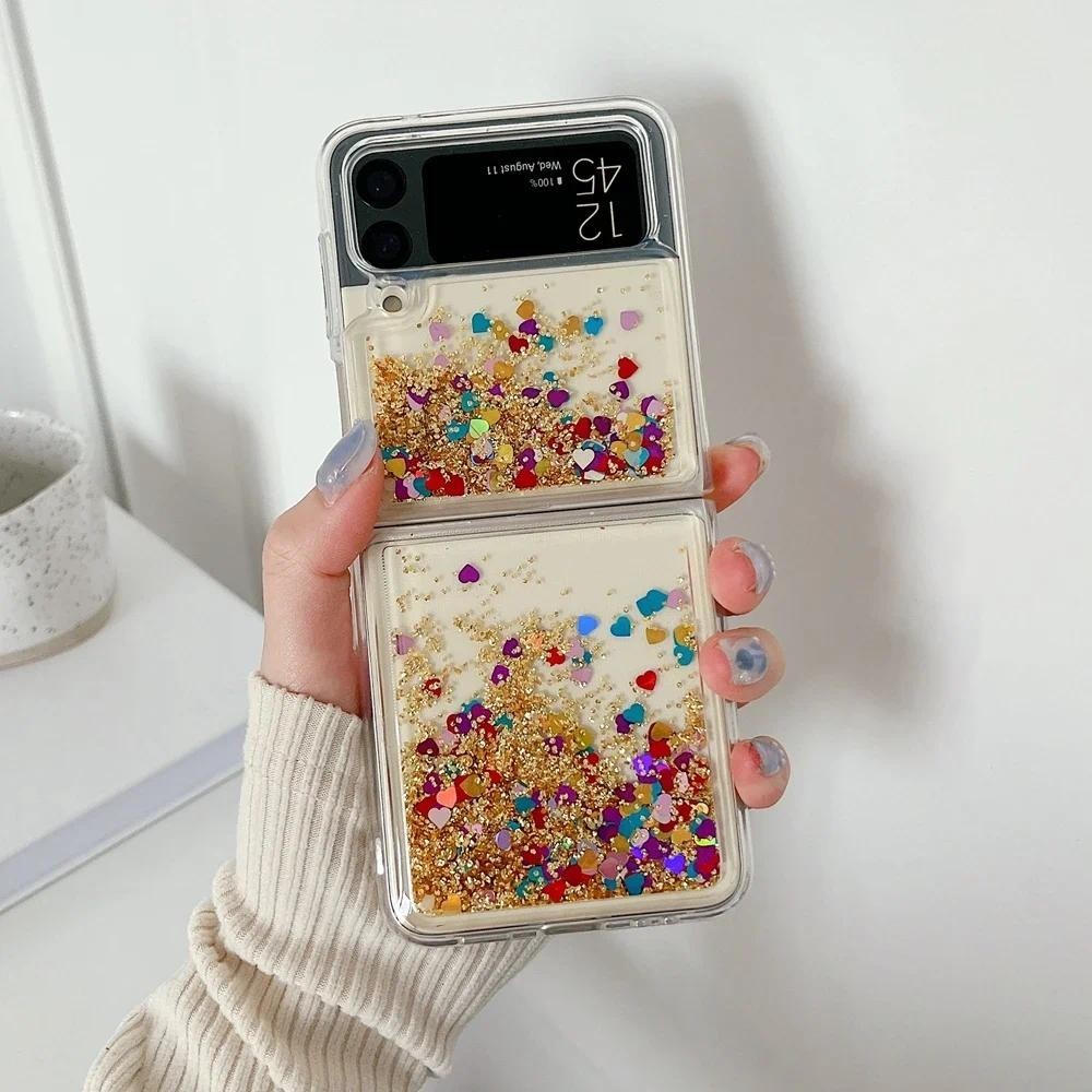 Para Samsung Z Flip 6 Luxo Glitter Estojo De Areia Movediça Galaxy 5 4 3 Gradiente Capa Do Coração Amor Bling