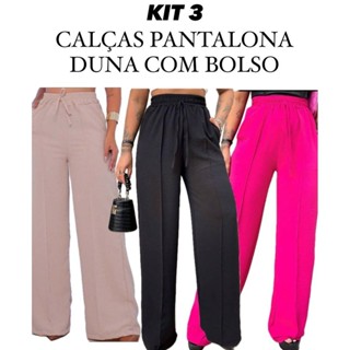 KIT 3 Calça Pantalona duna Feminina Com Bolso Cintura Alta Tecido Premium em Oferta na Shopee