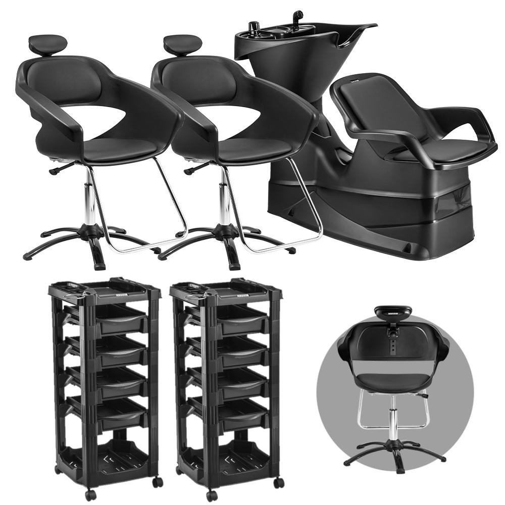 Kit Lavatório de Cabelo Cham Cuba Fixa + 2 Cadeira Primma C/ Regulagem + 2 Carrinho Auxiliar Dompel em Oferta na Shopee
