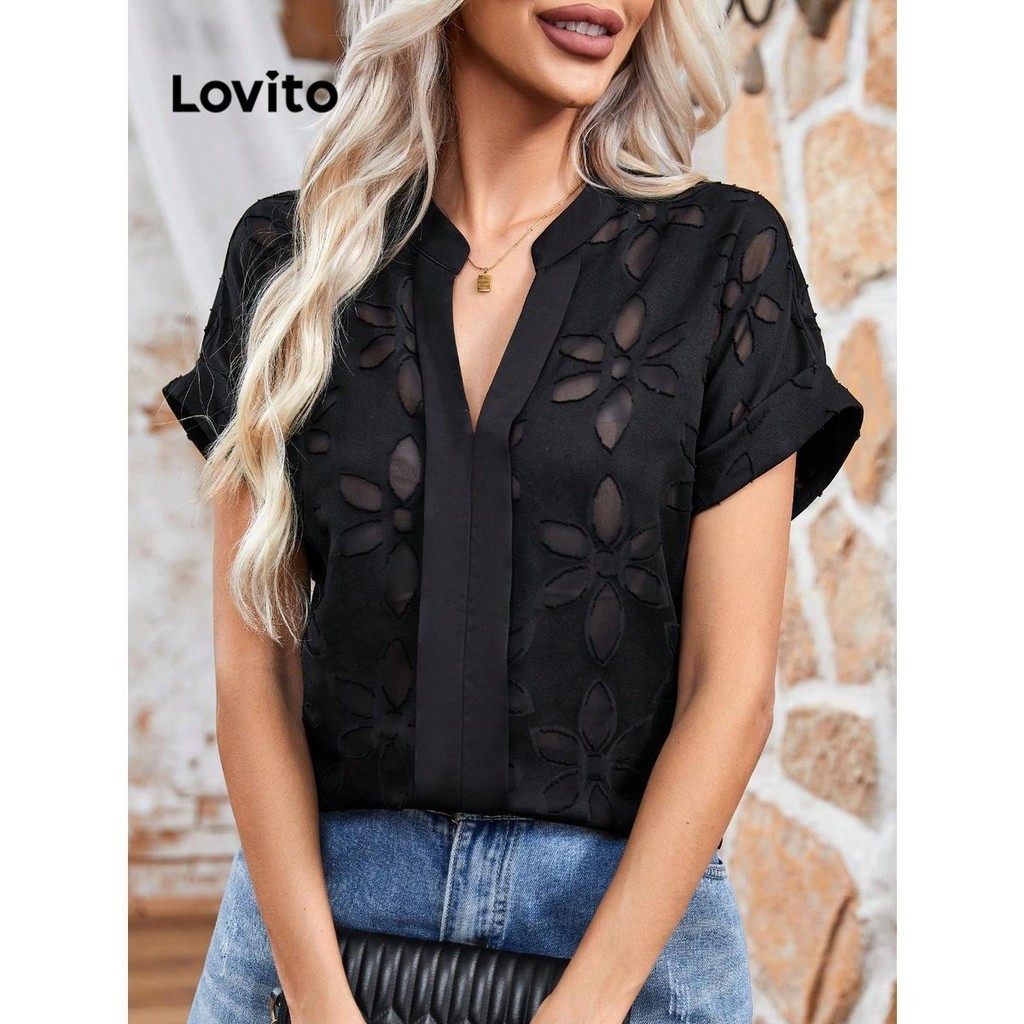 Lovito Blusa elegante de tecido jacquard liso para mulheres  LNL73240 - Women Clothes