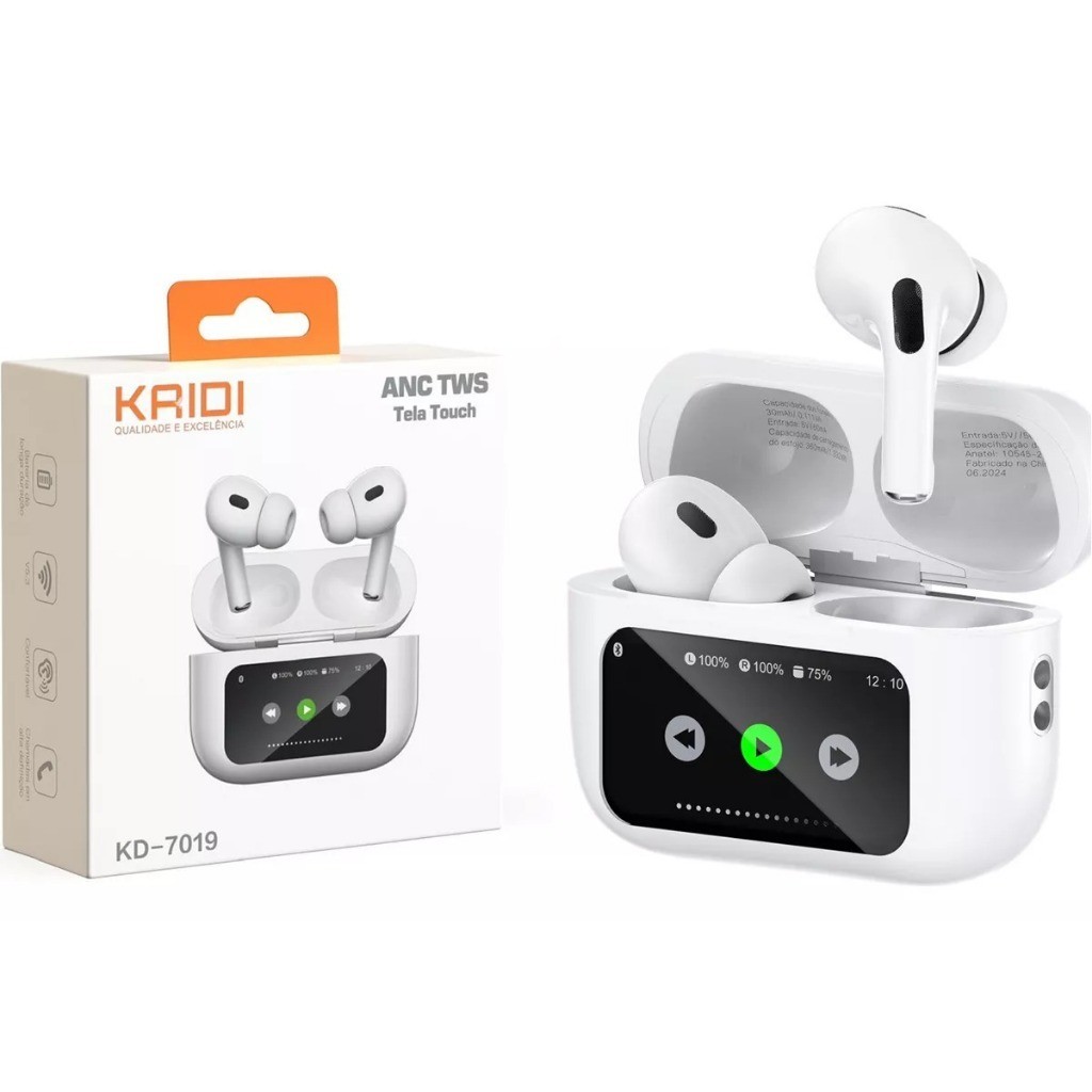 Fone de Ouvido Bluetooth 5.3 Sem Fio Kaidi KD-7019 ANC TWS Cancelamento de Ruído Tela Touch