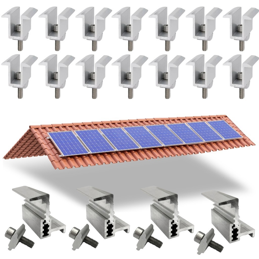 Kit Fixador Grampo Final e Intermediário Linha C  Para 08 Placas Painel Solar Alumínio e Inox | Perfil Master