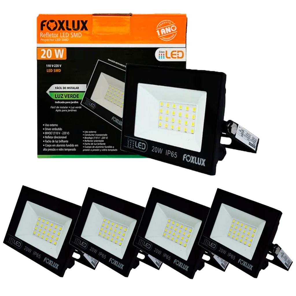 Kit 5 Refletor Led 20W Bivolt Luz Verde Foxlux - Home & Living
