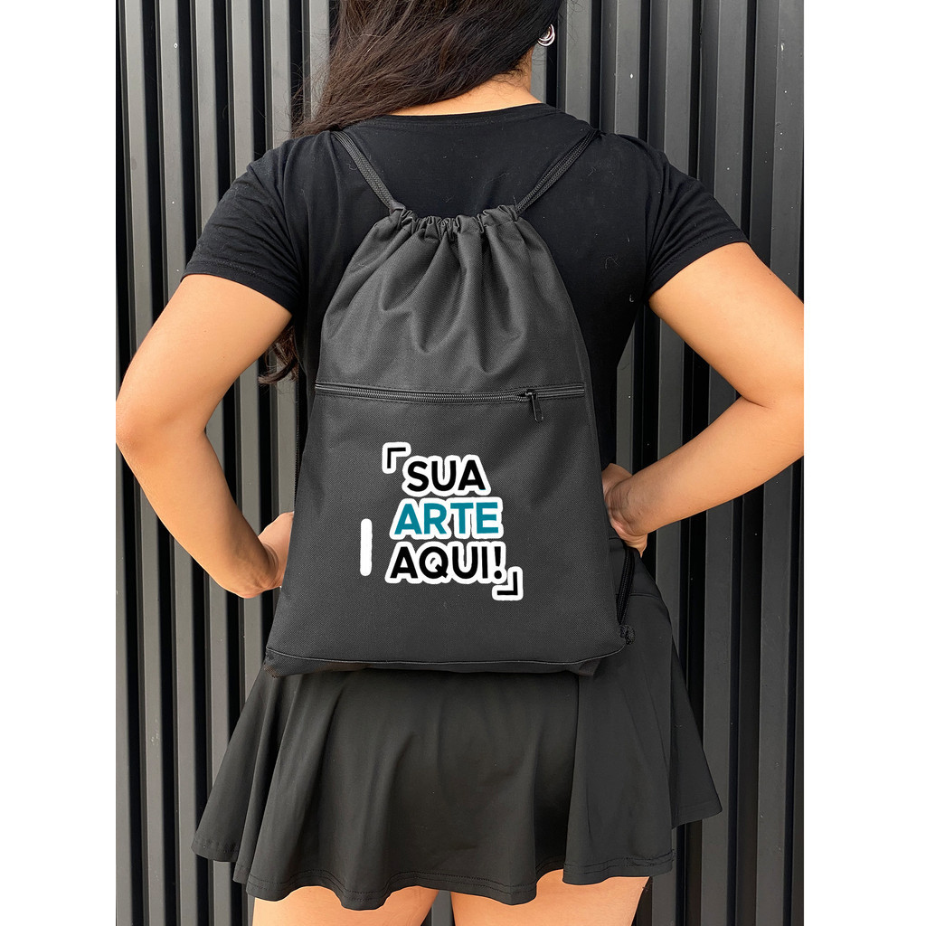 Saco Corda PERSONALIZADA Academia Esportiva Gym Bag Fitness Unissex Cordão Preto  Nylon Resistente Sacochila