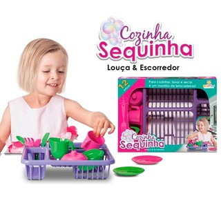 Kit Cozinha Lavar Louça Sequinha com 12 Pecas - Kit Cozinha Lavar Secar Prato Copo Talheres Frutas Infantil Sequinha com Escorredor e Acessorio - PANAMI