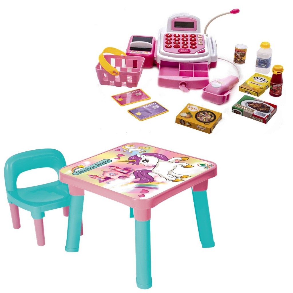 Mesinha Infantil Unicórnio Com Cadeira + Caixa Registradora