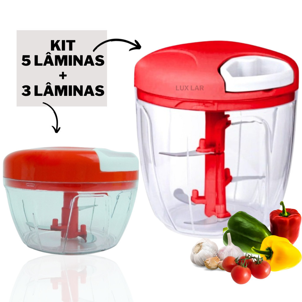 Processador de Alimentos Manual 5 Lâminas Grande + Triturador de Alho 3 Lâminas Kit