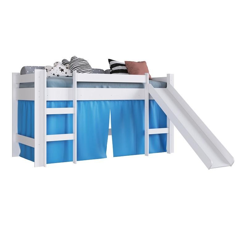 Cama Infantil Elevada com Escorregador Cortina Azul Playground