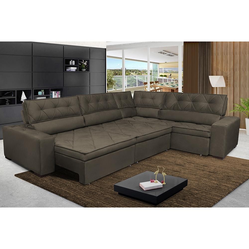 Sofa de Canto Retrátil e Reclinável com Molas Cama inBox Austin 3,45X2,44 ou 2,44X3,45 Velusoft Café em Oferta na Shopee