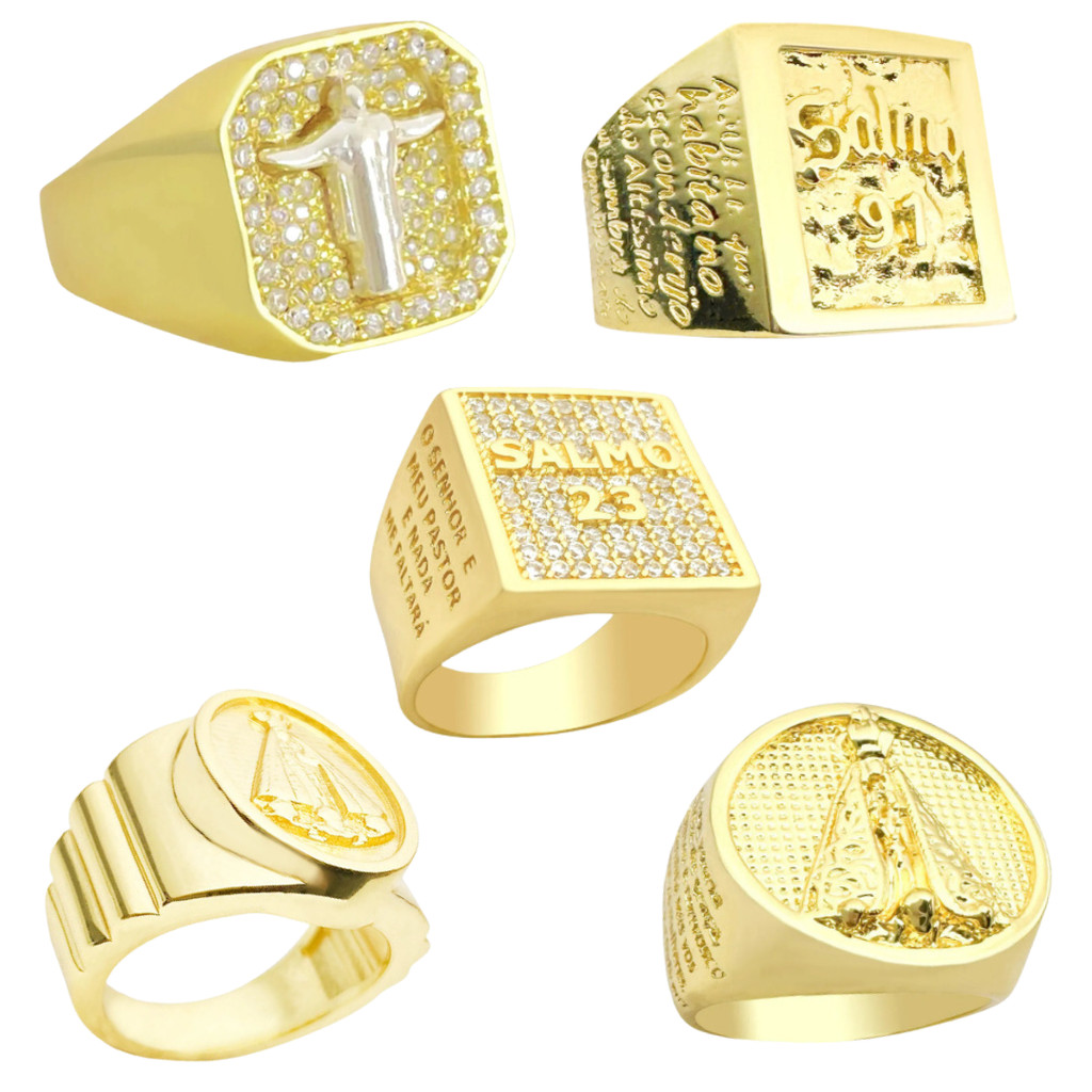 Anel Religioso em Ouro 18k Dedeira Masculino Banhado a Ouro 750
