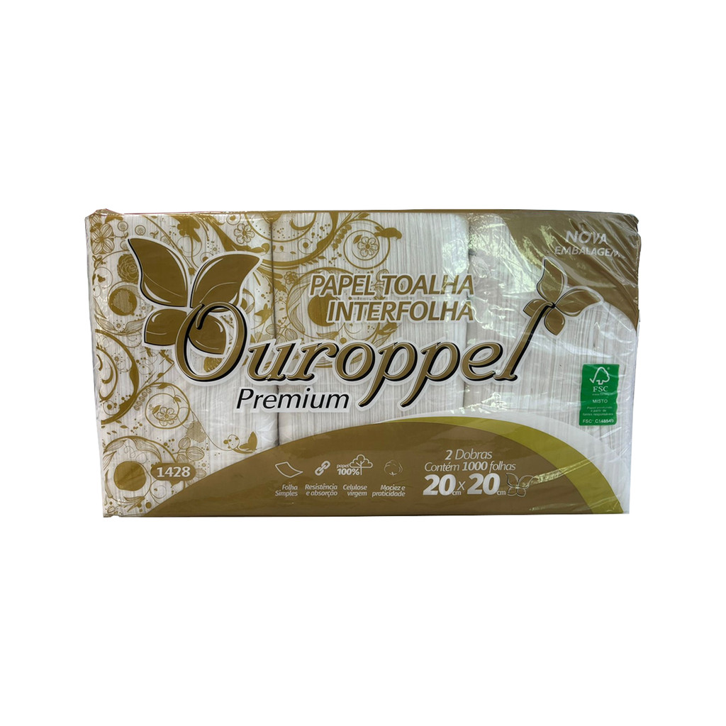 Papel Toalha Interfolha 2 Dobras Folha Simples Premium 1.000 Folhas 20x20 Ouroppel