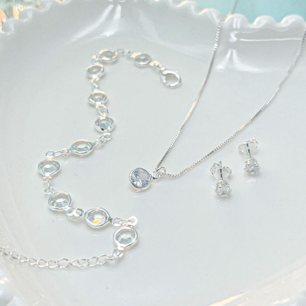 Kit Conjunto Colar + Pulseira+ Brinco Ponto de Luz Banhado à prata 925 a Ouro 18k em Oferta na Shopee