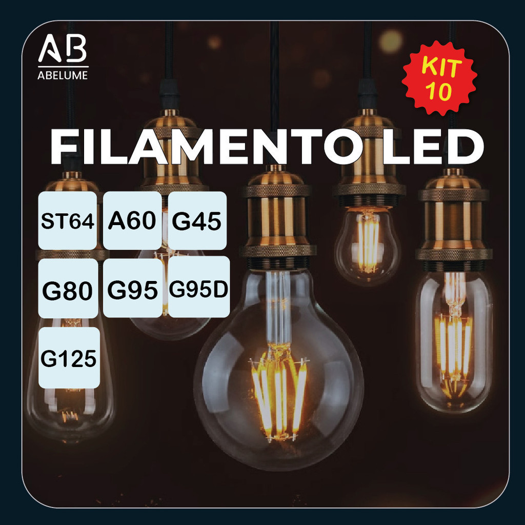 Kit 10 Lâmpada Filamento LED 4W Luz Quente E27 Âmbar Retrô Vintage Bivolt | G45 | A60 | ST64 | G80 | G95 | G95D | G125 em Oferta na Shopee