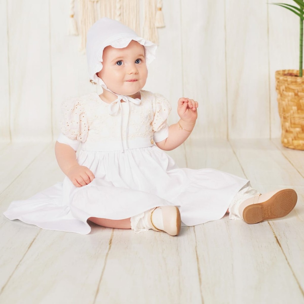 CONJ. VESTIDO BORDADO E TOUCA BATIZADO - SERENA BABY