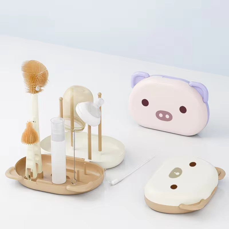 Conjunto de escova de mamadeira de silicone com rack de secagem de copos em Oferta na Shopee