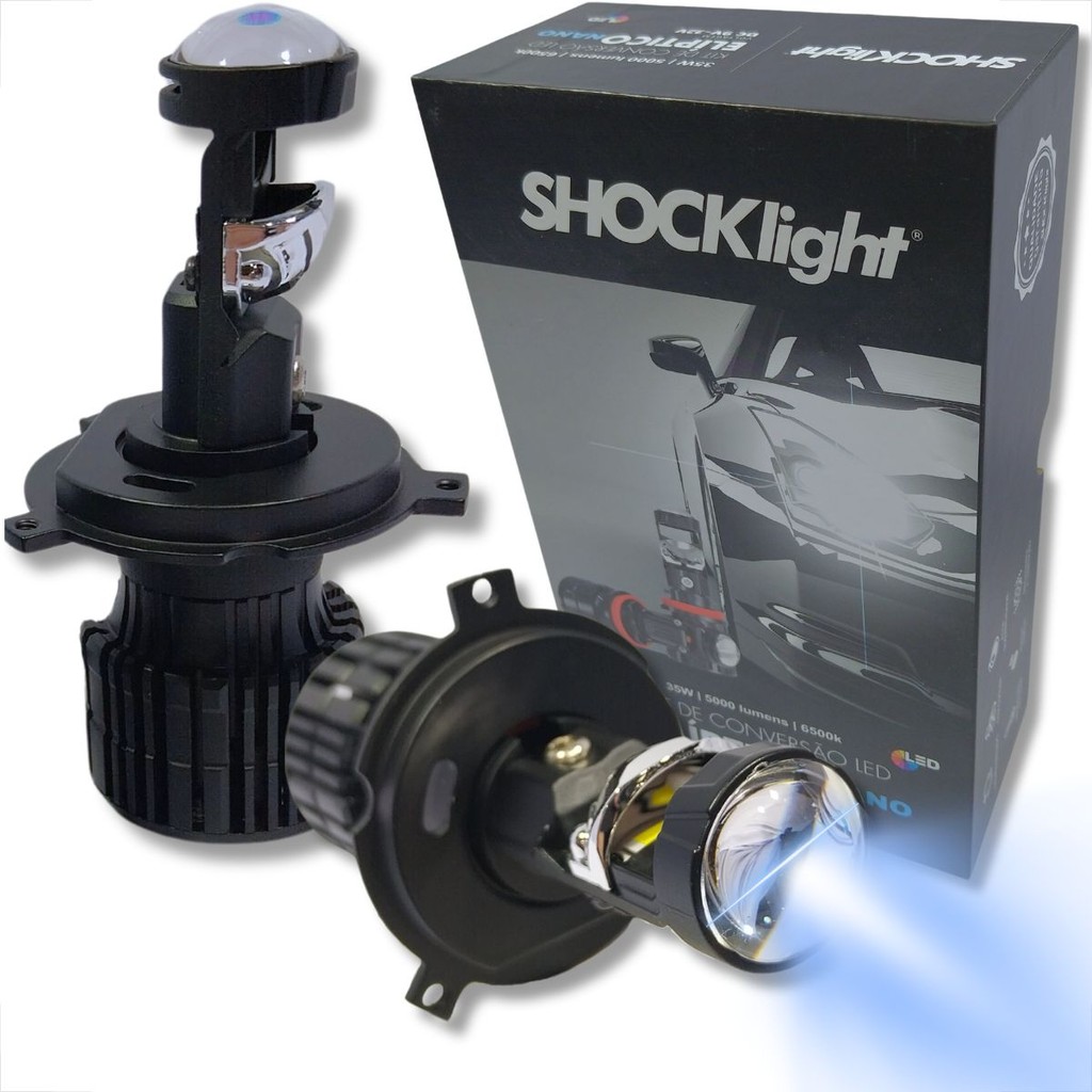 KIT CONVERSÃO ELIPTICO LED NANO H4 PROJETOR MINI CANHÃO LÂMPADA 5000L 12V 6500K SHOCKLIGHT