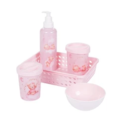 Kit Higiene Ursa Rosa 5 Peças Organizador Porta Cotonete Algodão Bowl Bebê Plasútil