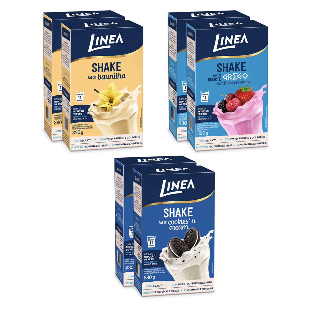 Kit 6 Shakes em pó Linea Sabor Cookies'n Cream, Baunilha e Iogurte Com Frutas Vermelhas 330g - Food & Beverages