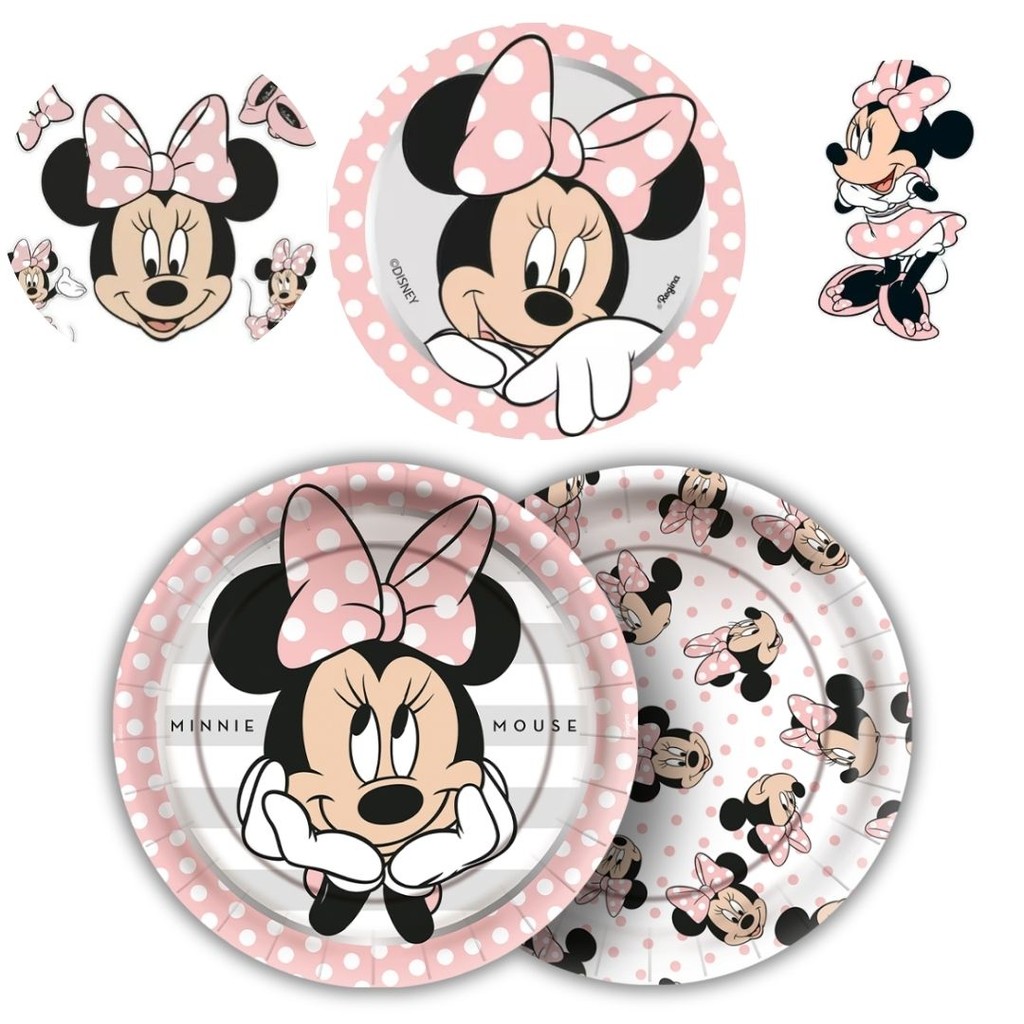 8 PRATO BOLO FESTA MINNIE MOUSE ROSA  DE PAPEL 18 CM REGINA
