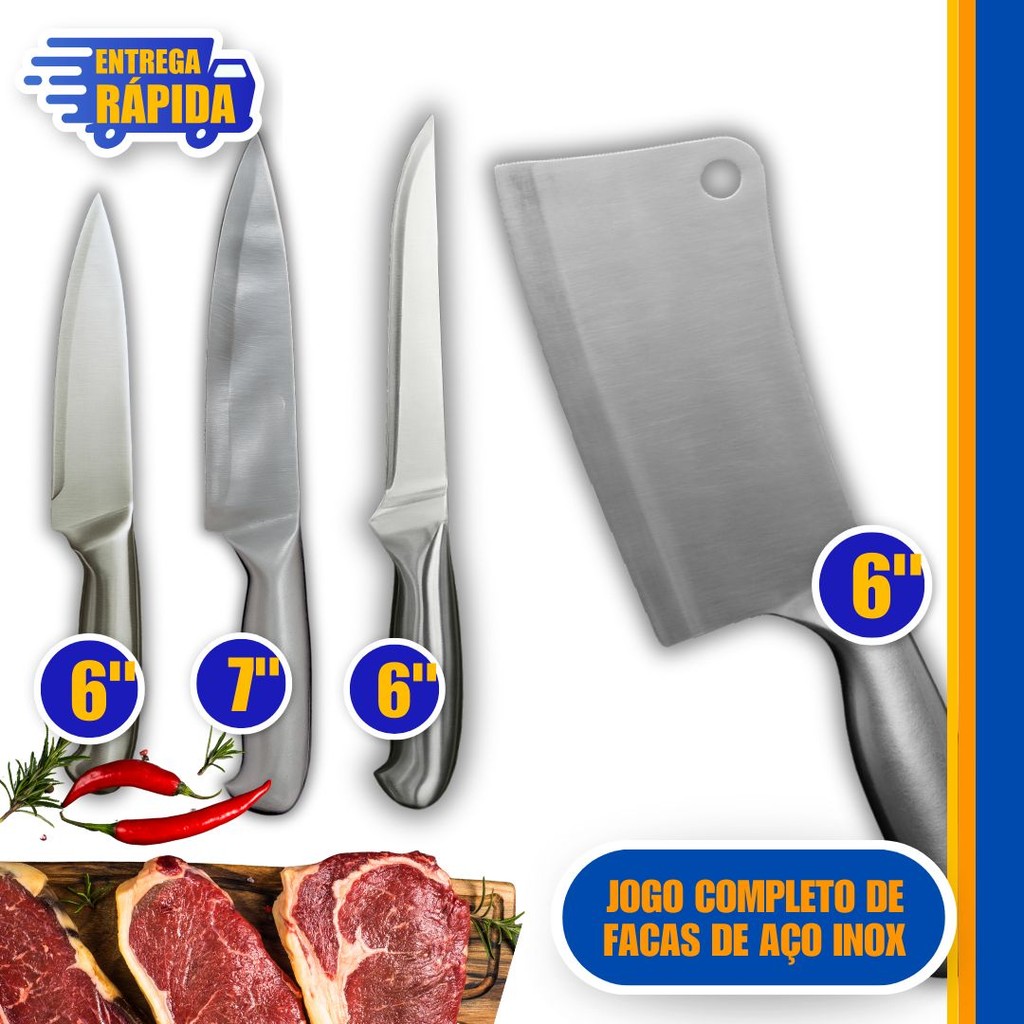 Faqueiro 4 Peças Faca Peixeira de 6'' e 7" , Faca Cutelo 6" Inox, faca desossar 6"polegada Atacado